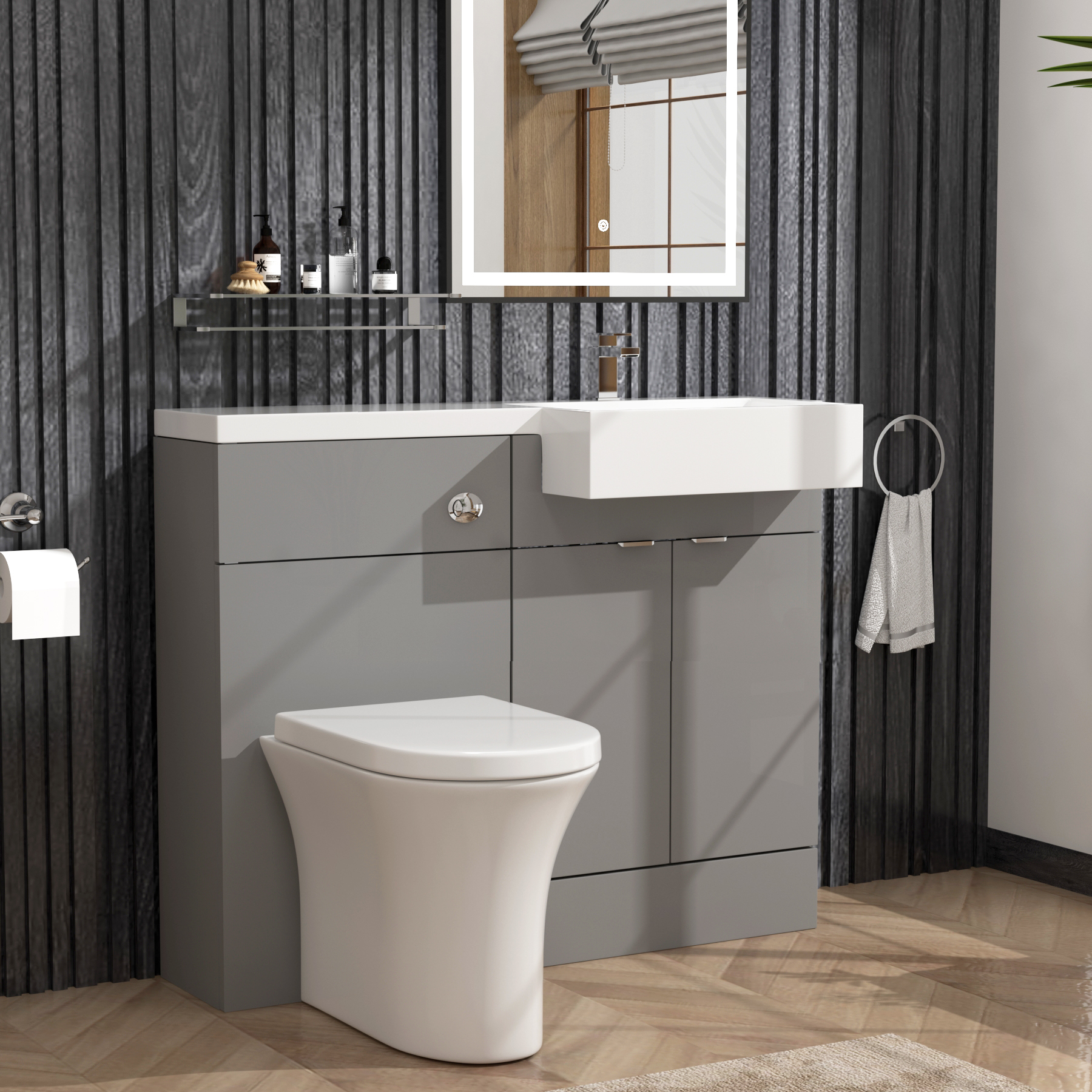 Elena 1100mm Satin Grey 2 Door Floor Standing Vanity Unit with R/H Square Semi Recessed Basin & Breeze BTW Toilet Pack