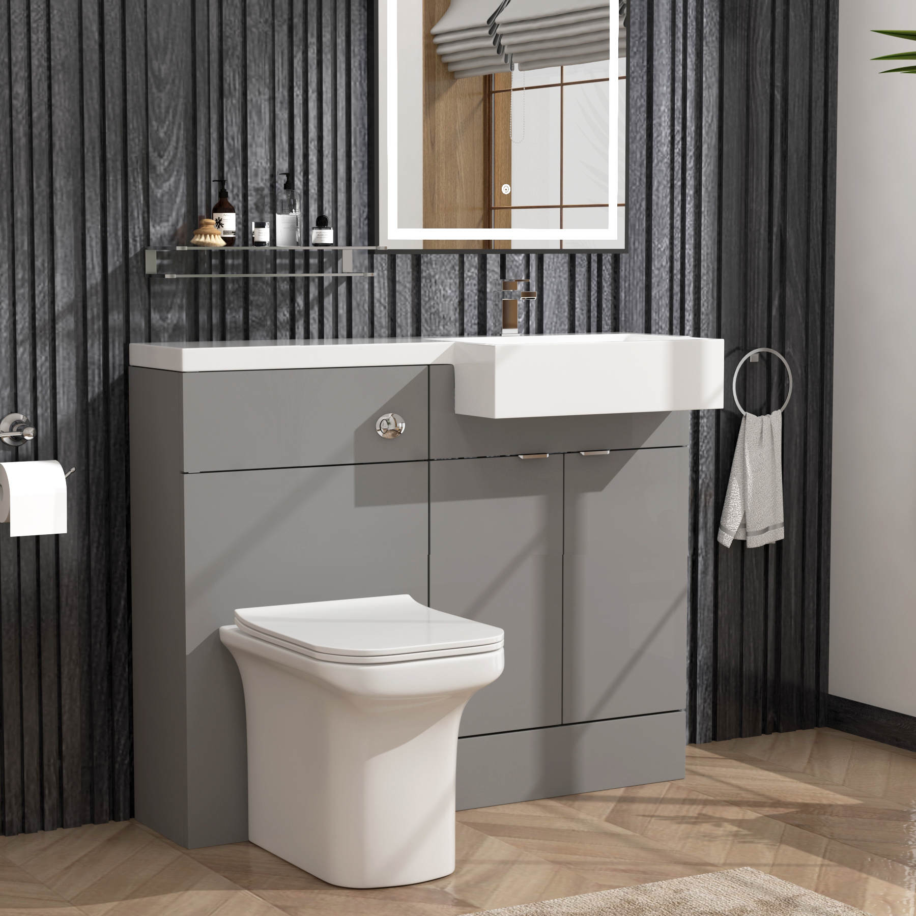 Elena 1100mm Satin Grey 2 Door Floor Standing Vanity Unit with R/H Square Semi Recessed Basin & Crosby BTW Toilet Pack