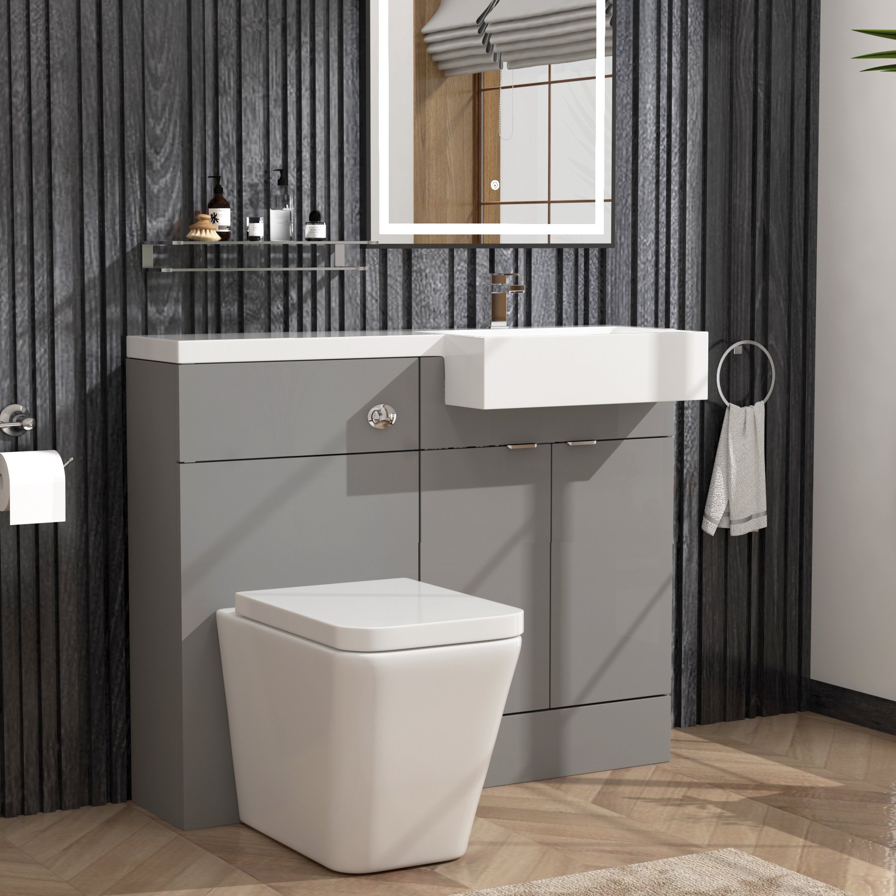 Elena 1100mm Satin Grey 2 Door Floor Standing Vanity Unit with R/H Square Semi Recessed Basin & Elena BTW Toilet Pack