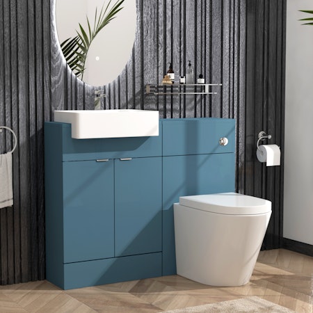 Elena 1100mm Satin Blue 2 Door Floor Standing Vanity Unit with Semi Recessed Basin & Cesar BTW Toilet Pack
