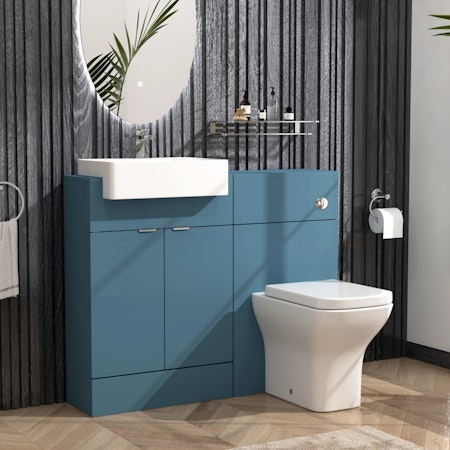 Elena 1100mm Satin Blue 2 Door Floor Standing Vanity Unit with Semi Recessed Basin & Qubix BTW Toilet Pack