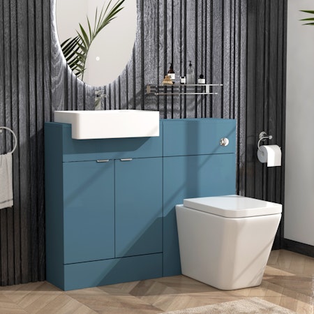 Elena 1100mm Satin Blue 2 Door Floor Standing Vanity Unit with Semi Recessed Basin & Elena BTW Toilet Pack