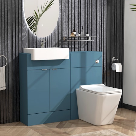 Elena 1100mm Satin Blue 2 Door Floor Standing Vanity Unit with Semi Recessed Basin & Slim Elena BTW Toilet Pack