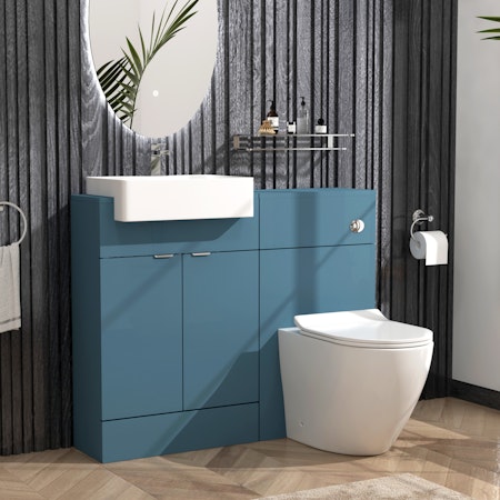 Elena 1100mm Satin Blue 2 Door Floor Standing Vanity Unit with Semi Recessed Basin & Slim Abacus BTW Toilet Pack