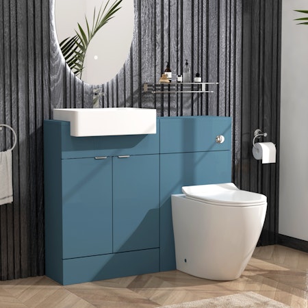 Elena 1100mm Satin Blue 2 Door Floor Standing Vanity Unit with Semi Recessed Basin & Slim Comfort Height Toilet Pack