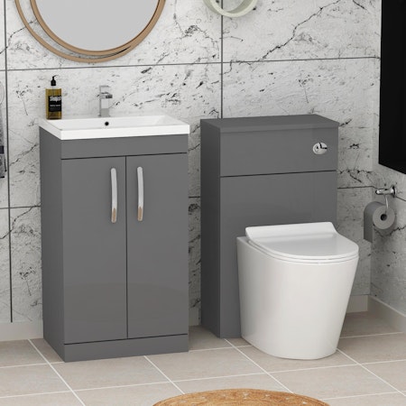 Modern Turin 1000mm Indigo Grey Gloss 2-Doors Mid-Edge Basin with Cesar Back to Wall Toilet Pack