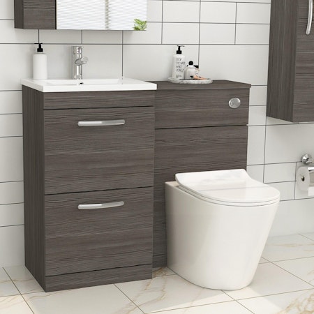 Modern Turin 1000mm Grey Elm 2-Drawers Minimalist Basin with Cesar Back to Wall Toilet Pack
