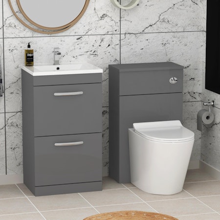 Modern Turin 1000mm Indigo Grey Gloss 2-Drawers Minimalist Basin with Cesar Back to Wall Toilet Pack