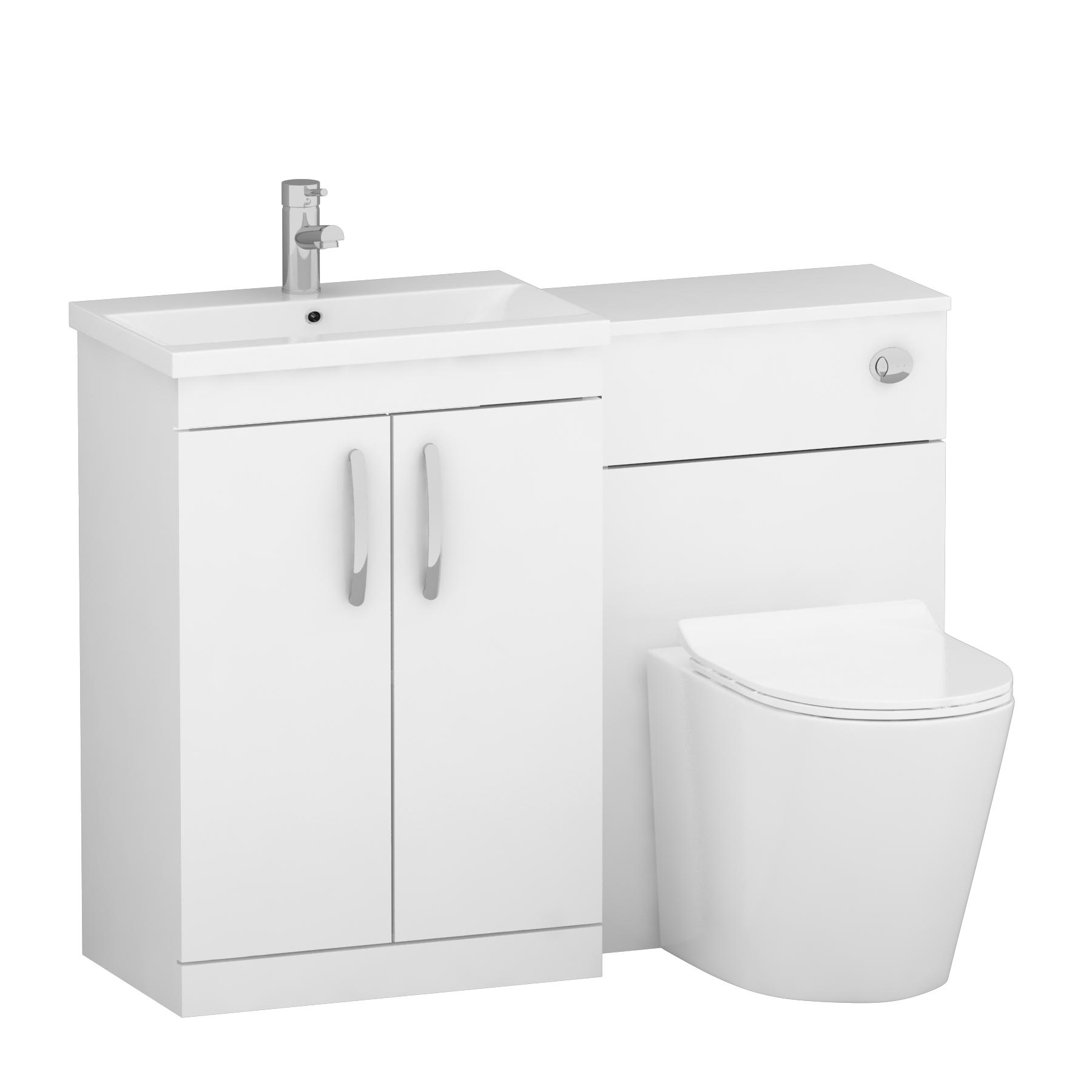 ModernTurin 1100mm Gloss White 2-Doors Mid-Edge Basin with Cesar Back to Wall Toilet Pack