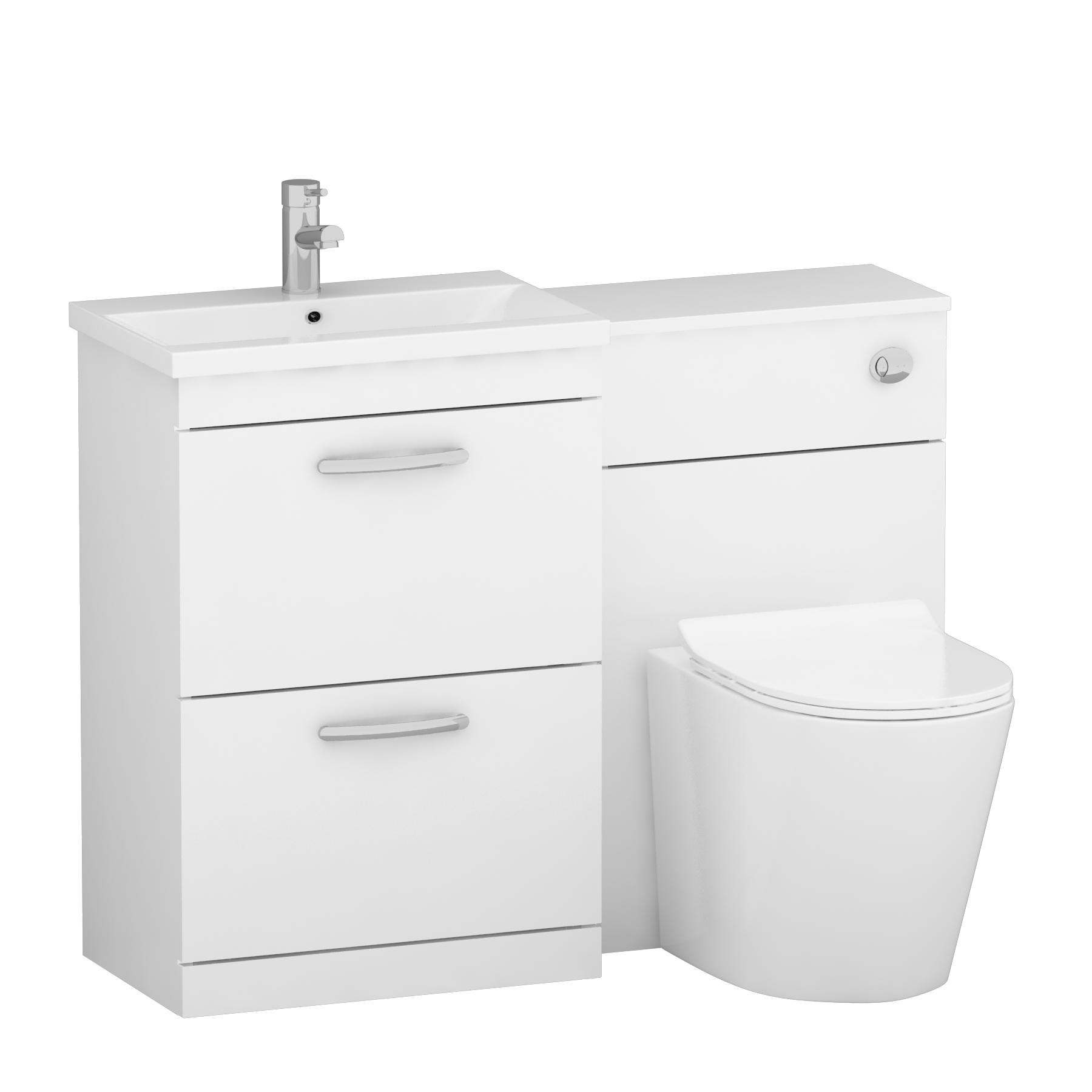 ModernTurin 1100mm Gloss White 2-Drawers Mid-Edge Basin with Cesar Back to Wall Toilet Pack