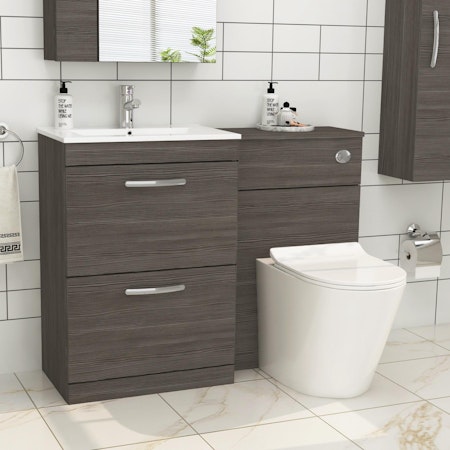 Modern Turin 1100mm Grey Elm 2-Drawers Minimalist Basin with Cesar Back to Wall Toilet Pack