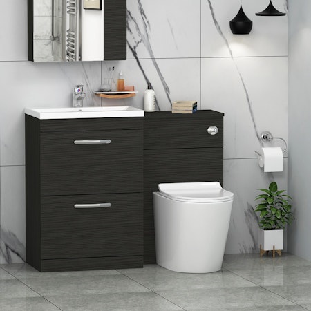 Modern Turin 1100mm Hale Black 2-Drawers Mid-Edge Basin with Cesar Back to Wall Toilet Pack