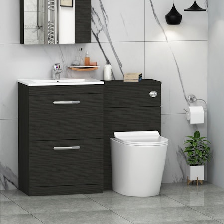 Modern Turin 1100mm Hale Black 2-Drawers Minimalist Basin with Cesar Back to Wall Toilet Pack