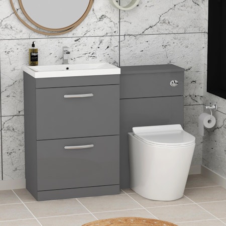 Modern Turin 1100mm Indigo Grey Gloss 2-Drawers Mid-Edge Basin with Cesar Back to Wall Toilet Pack