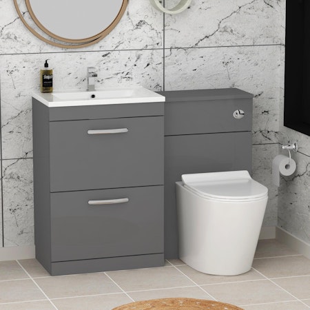 Modern Turin 1100mm Indigo Grey Gloss 2-Drawers Minimalist Basin with Cesar Back to Wall Toilet Pack