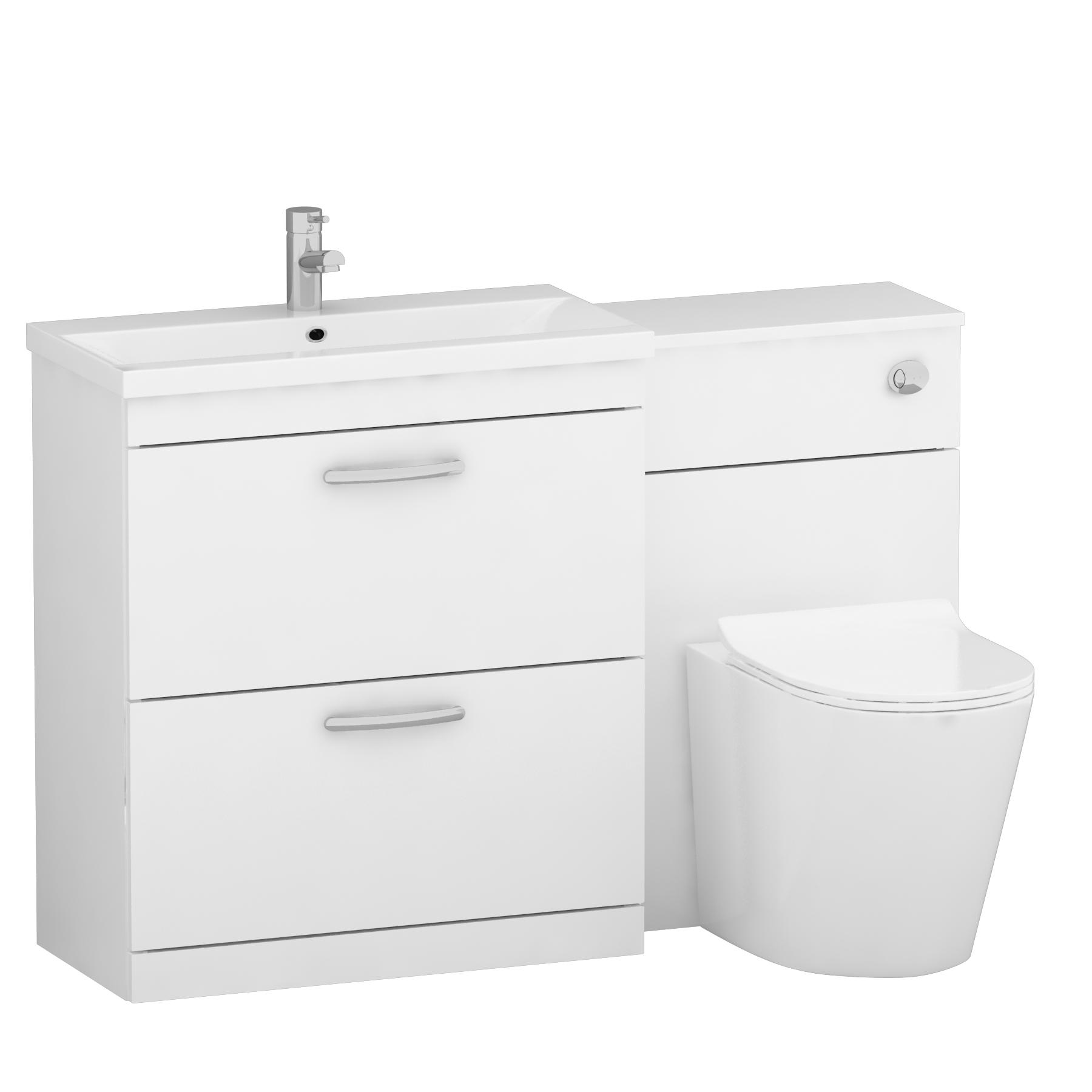 ModernTurin 1300mm Gloss White 2-Drawers Mid-Edge Basin with Cesar Back to Wall Toilet Pack
