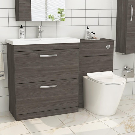 Modern Turin 1300mm Grey Elm 2-Drawers Mid-Edge Basin with Cesar Back to Wall Toilet Pack