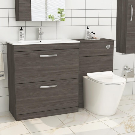 Modern Turin 1300mm Grey Elm 2-Drawers Minimalist Basin with Cesar Back to Wall Toilet Pack