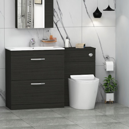 Modern Turin 1300mm Hale Black 2-Drawers Minimalist Basin with Cesar Back to Wall Toilet Pack