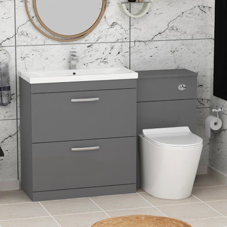Modern Turin 1300mm Indigo Grey Gloss 2-Drawers Mid-Edge Basin with Cesar Back to Wall Toilet Pack