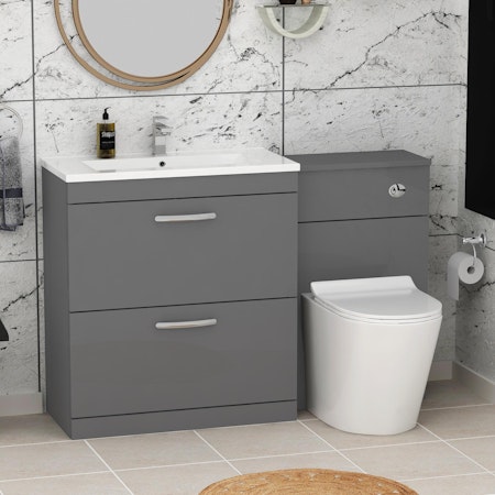 Modern Turin 1300mm Indigo Grey Gloss 2-Drawers Minimalist Basin with Cesar Back to Wall Toilet Pack