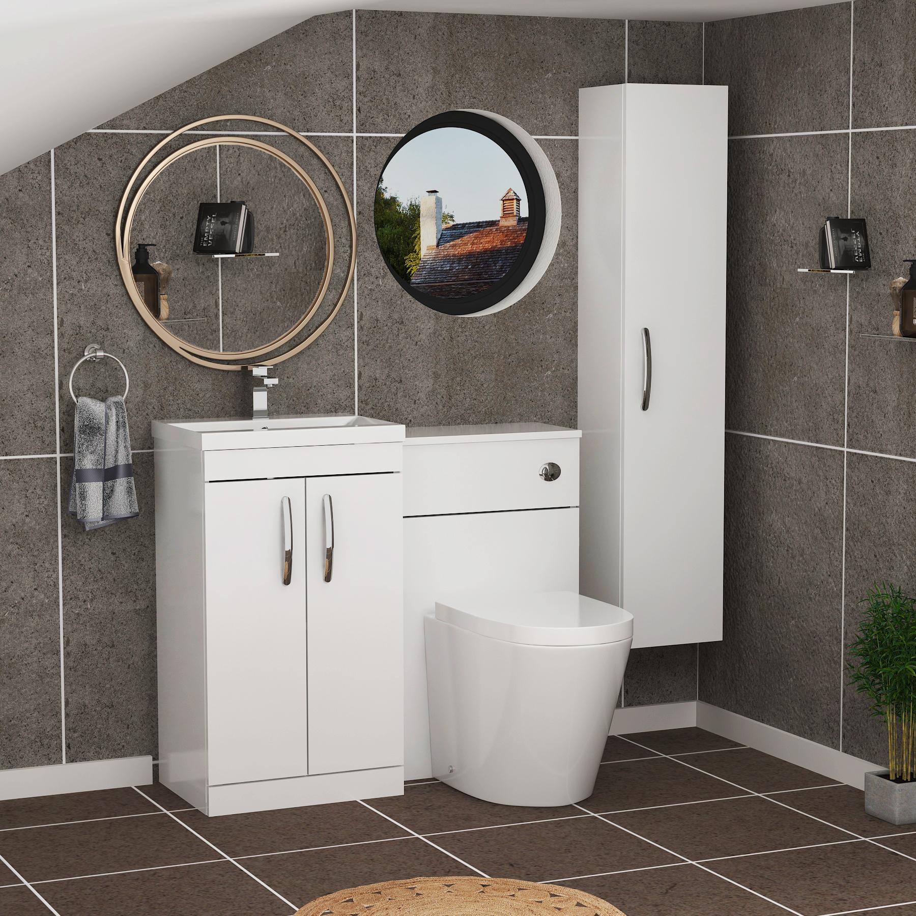 Turin 1000mm Gloss White 2-Doors Mid-Edge Basin with Cesar Back to Wall Toilet Pack