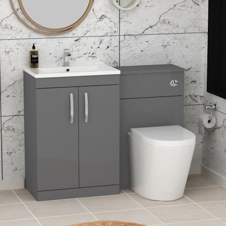 Turin 1100mm Indigo Grey Gloss 2-Doors Minimalist Basin with Cesar Back to Wall Toilet Pack