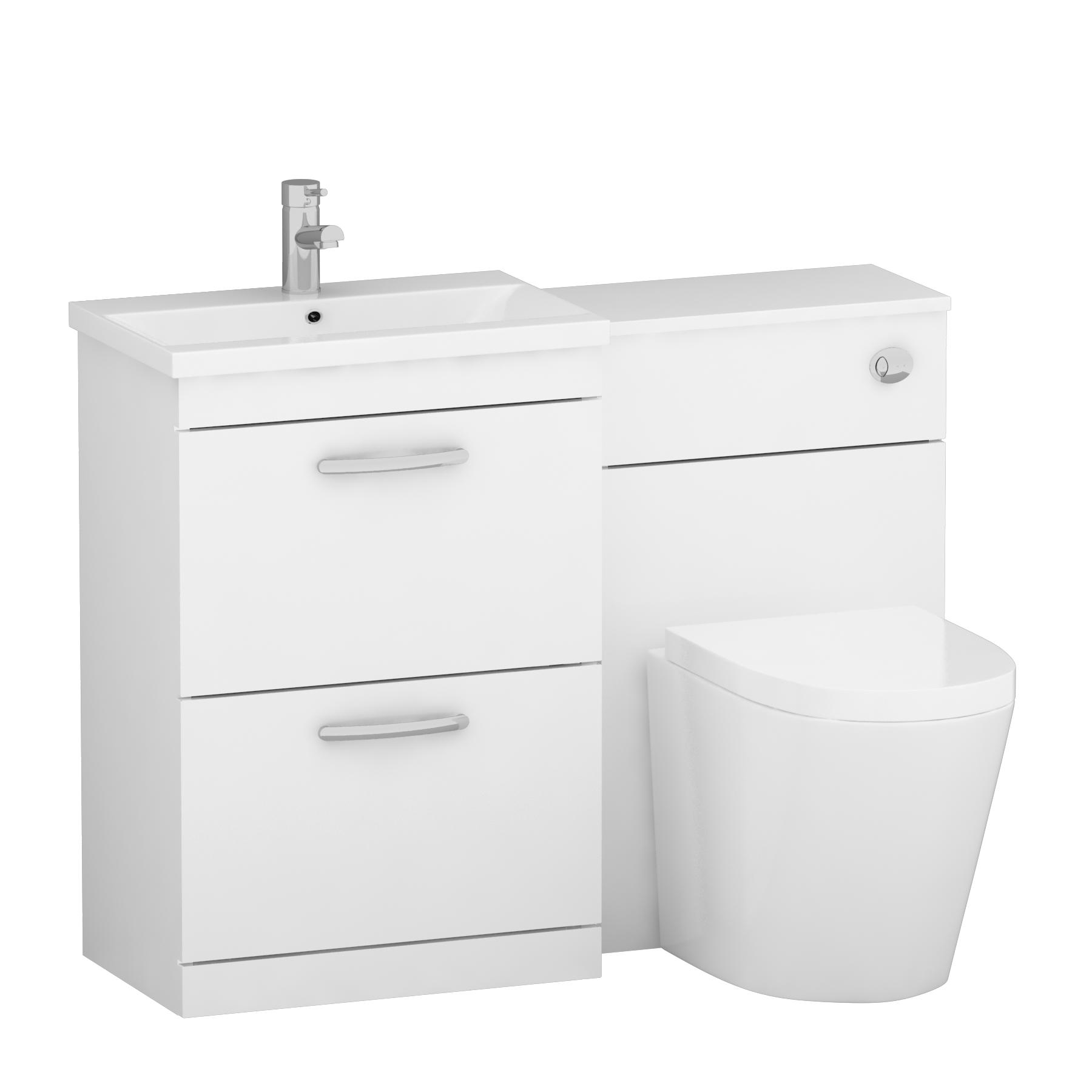 Turin 1100mm Gloss White 2-Drawers Mid-Edge Basin with Cesar Back to Wall Toilet Pack