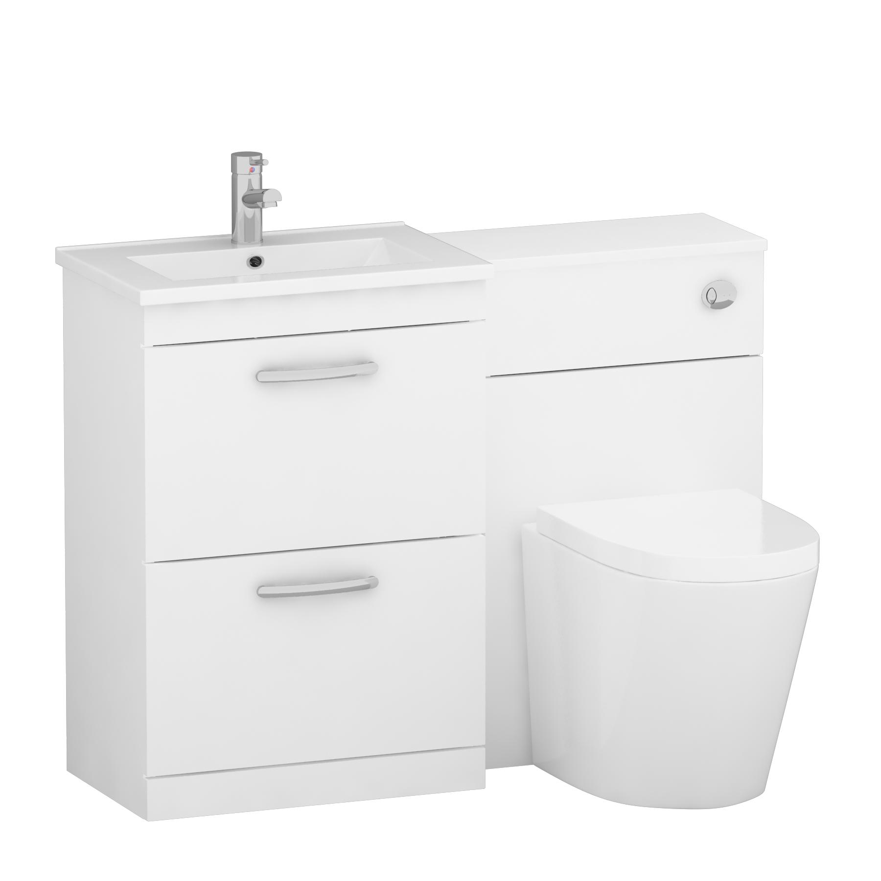 1100mm Turin Gloss White 2-Drawers Minimalist Basin with Cesar Back to Wall Toilet Pack