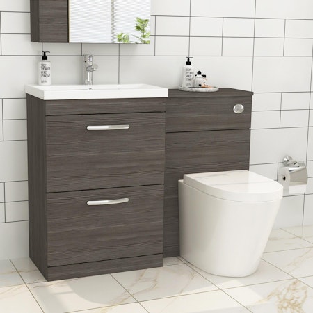 Turin 1100mm Grey Elm 2-Drawers Mid-Edge Basin with Cesar Back to Wall Toilet Pack