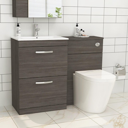 Turin 1100mm Grey Elm 2-Drawers Minimalist Basin with Cesar Back to Wall Toilet Pack
