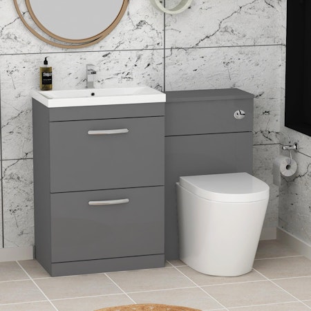 Turin 1100mm Indigo Grey Gloss 2-Drawers Mid-Edge Basin with Cesar Back to Wall Toilet Pack