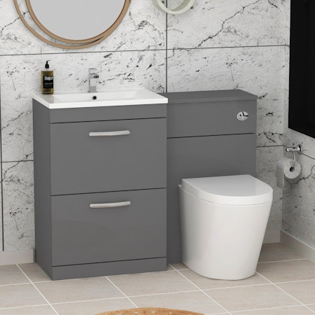 Turin 1100mm Indigo Grey Gloss 2-Drawers Minimalist Basin with Cesar Back to Wall Toilet Pack