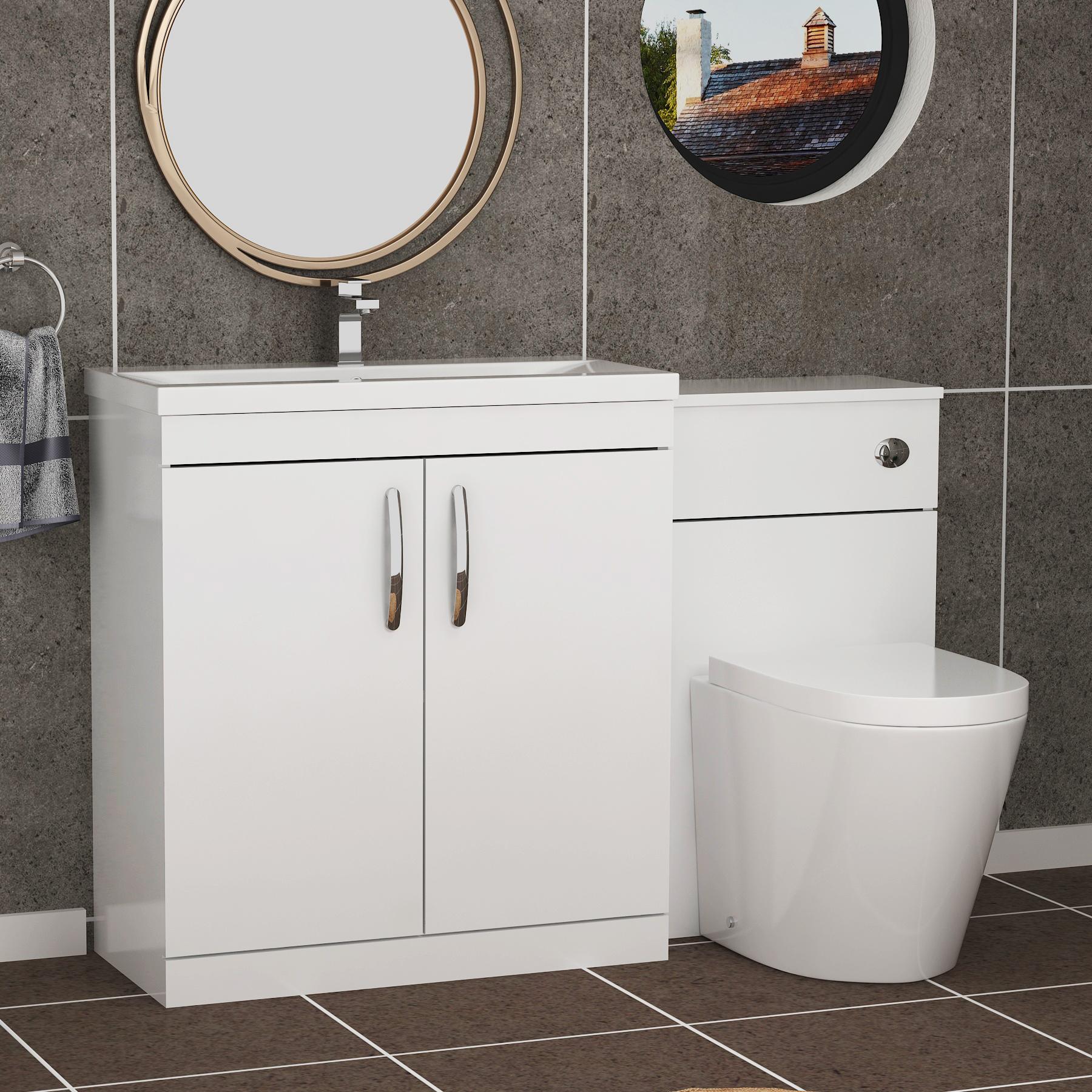 Turin 1300mm Gloss White 2-Doors Mid-Edge Basin with Cesar Back to Wall Toilet Pack