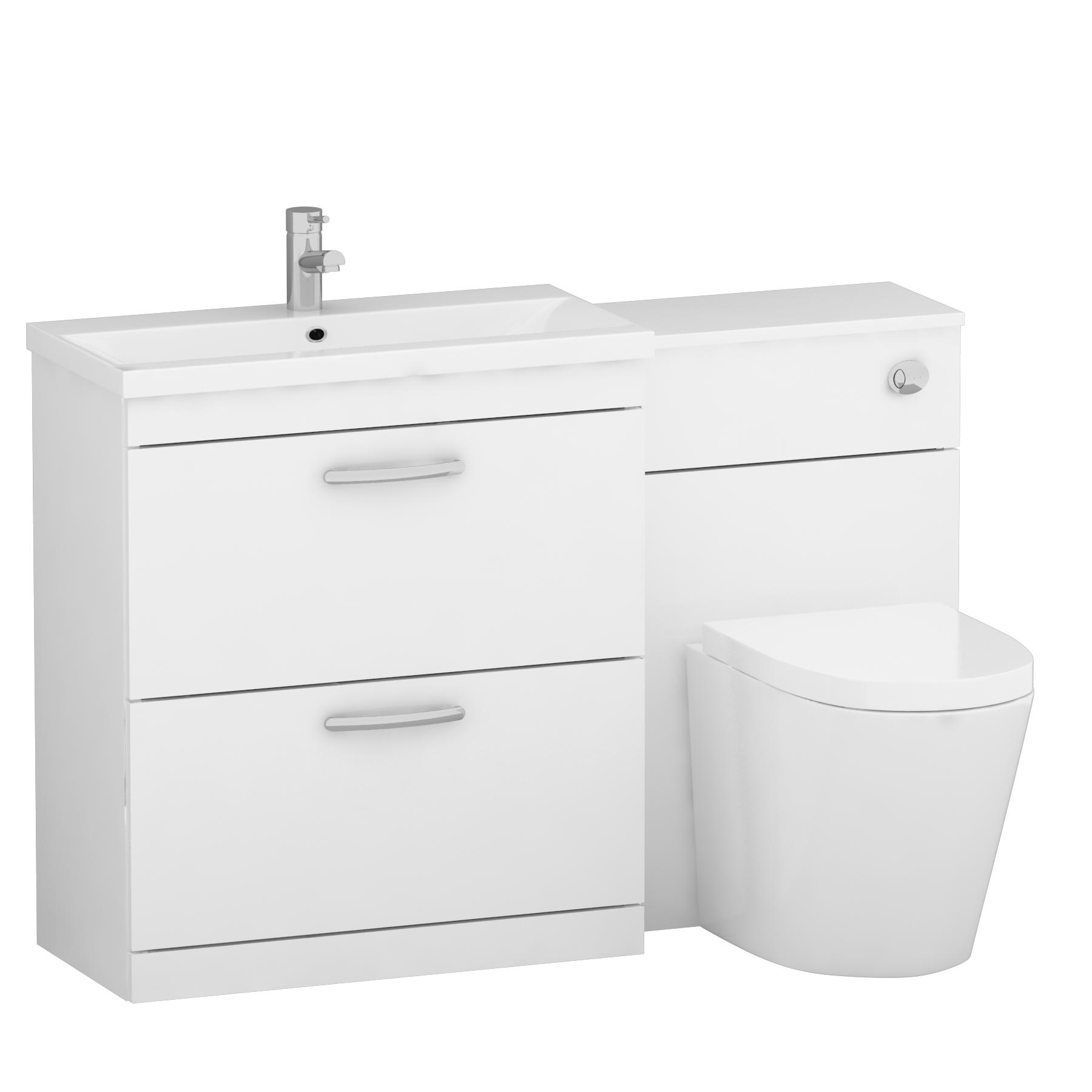 Turin 1300mm Gloss White 2-Drawers Mid-Edge Basin with Cesar Back to Wall Toilet Pack
