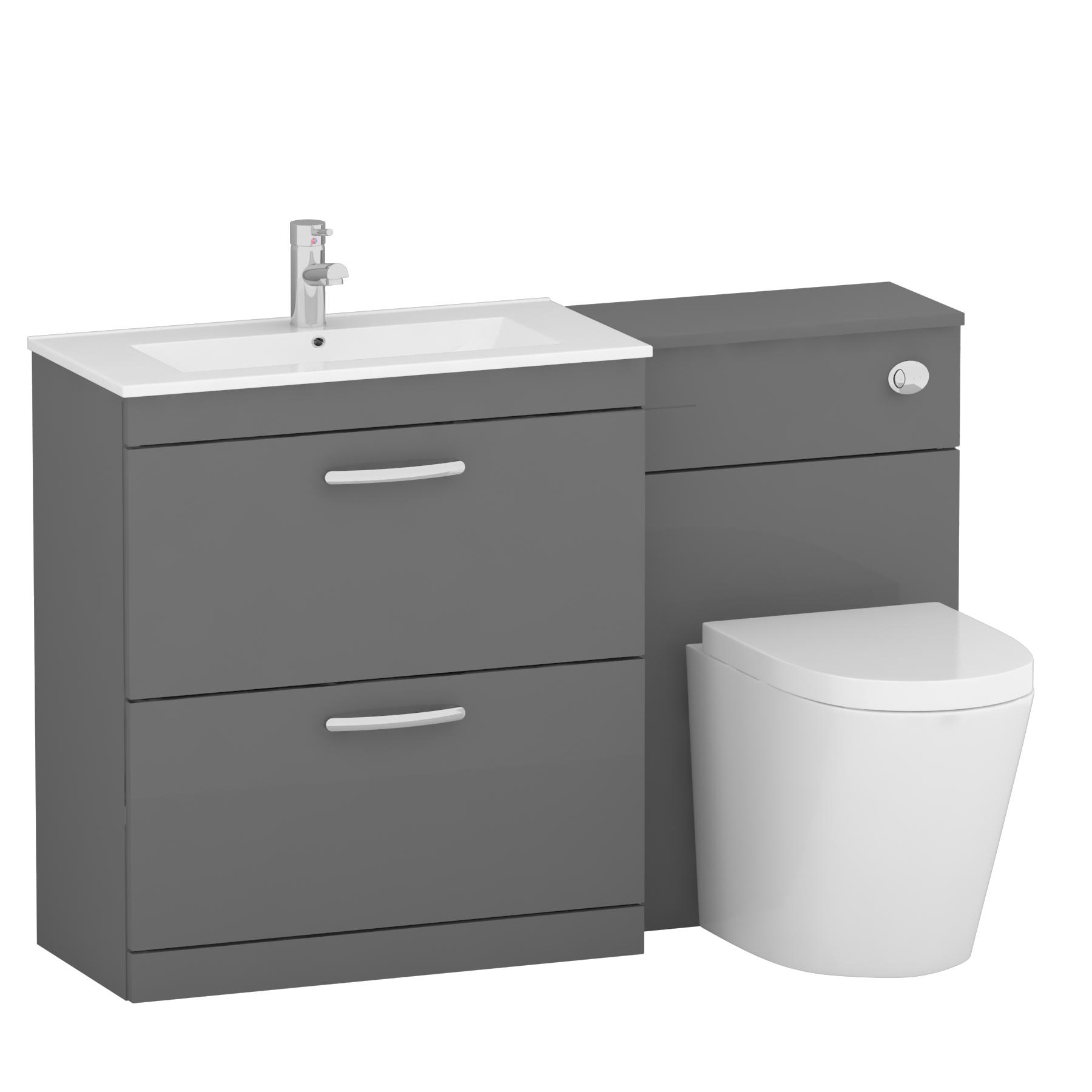 Turin 1300mm Indigo Grey Gloss 2-Drawers Minimalist Basin with Cesar Back to Wall Toilet Pack