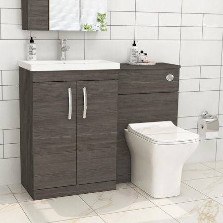 Turin 1100mm Grey Elm 2-Doors Mid-Edge Basin with Qubix Back to Wall Toilet Pack