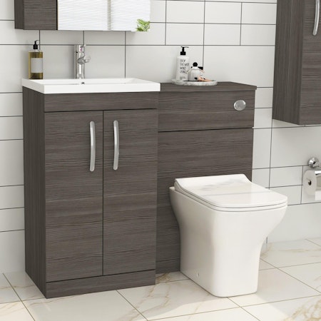 Turin 1000mm Grey Elm 2-Doors Mid-Edge Basin with Qubix Back to Wall Toilet Pack