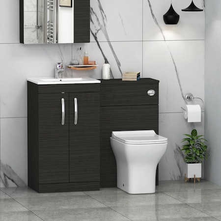 Turin 1000mm Hale Black 2-Doors Minimalist Basin with Qubix Back to Wall Toilet Pack