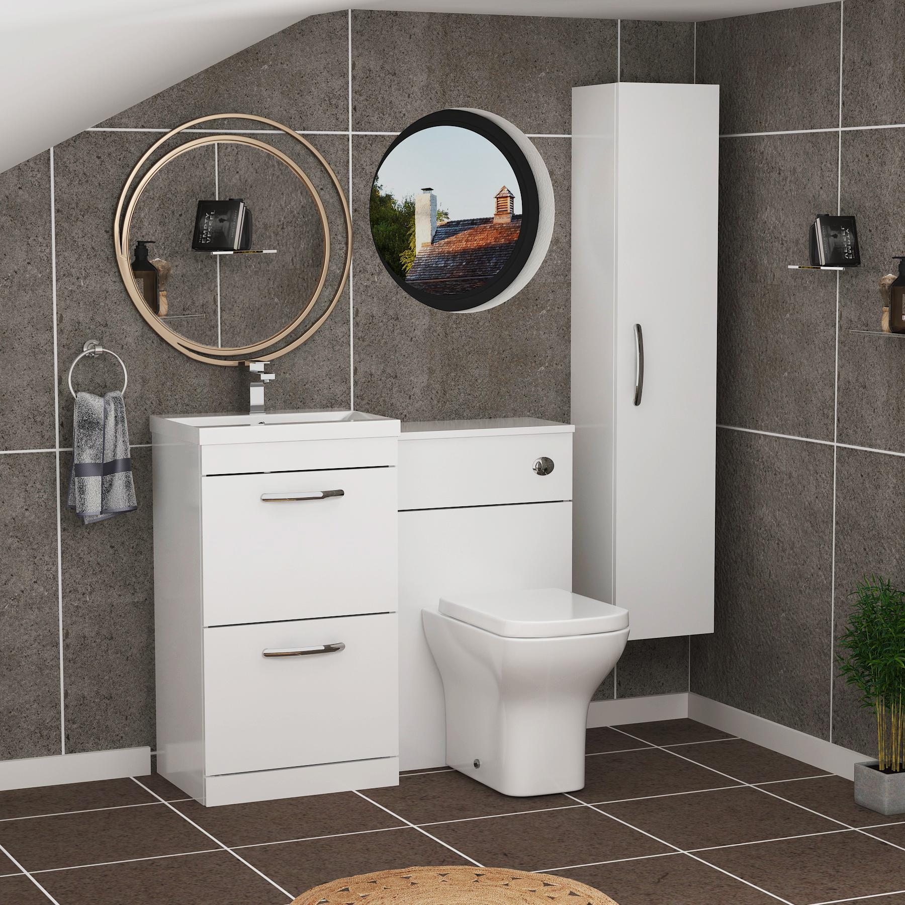 Turin 1000mm Gloss White 2-Drawers Mid-Edge Basin with Qubix Back to Wall Toilet Pack
