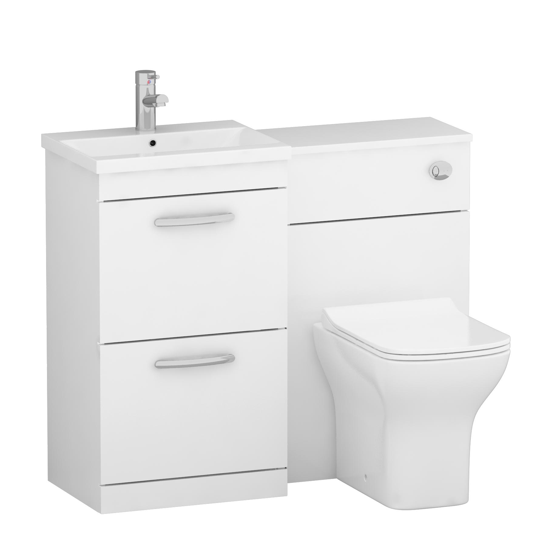 Turin 1000mm Gloss White 2-Drawers Minimalist Basin with Qubix Back to Wall Toilet Pack