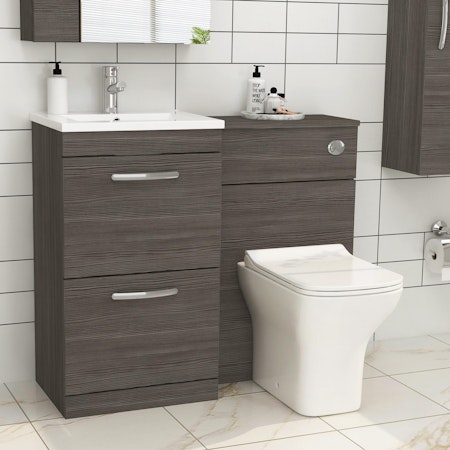 Turin 1000mm Grey Elm 2-Drawers Minimalist Basin with Qubix Back to Wall Toilet Pack