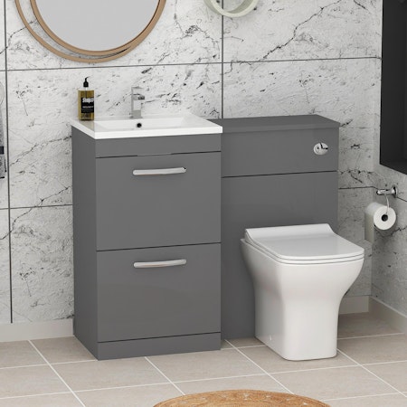 Turin 1000mm Indigo Grey Gloss 2-Drawers Minimalist Basin with Qubix Back to Wall Toilet Pack