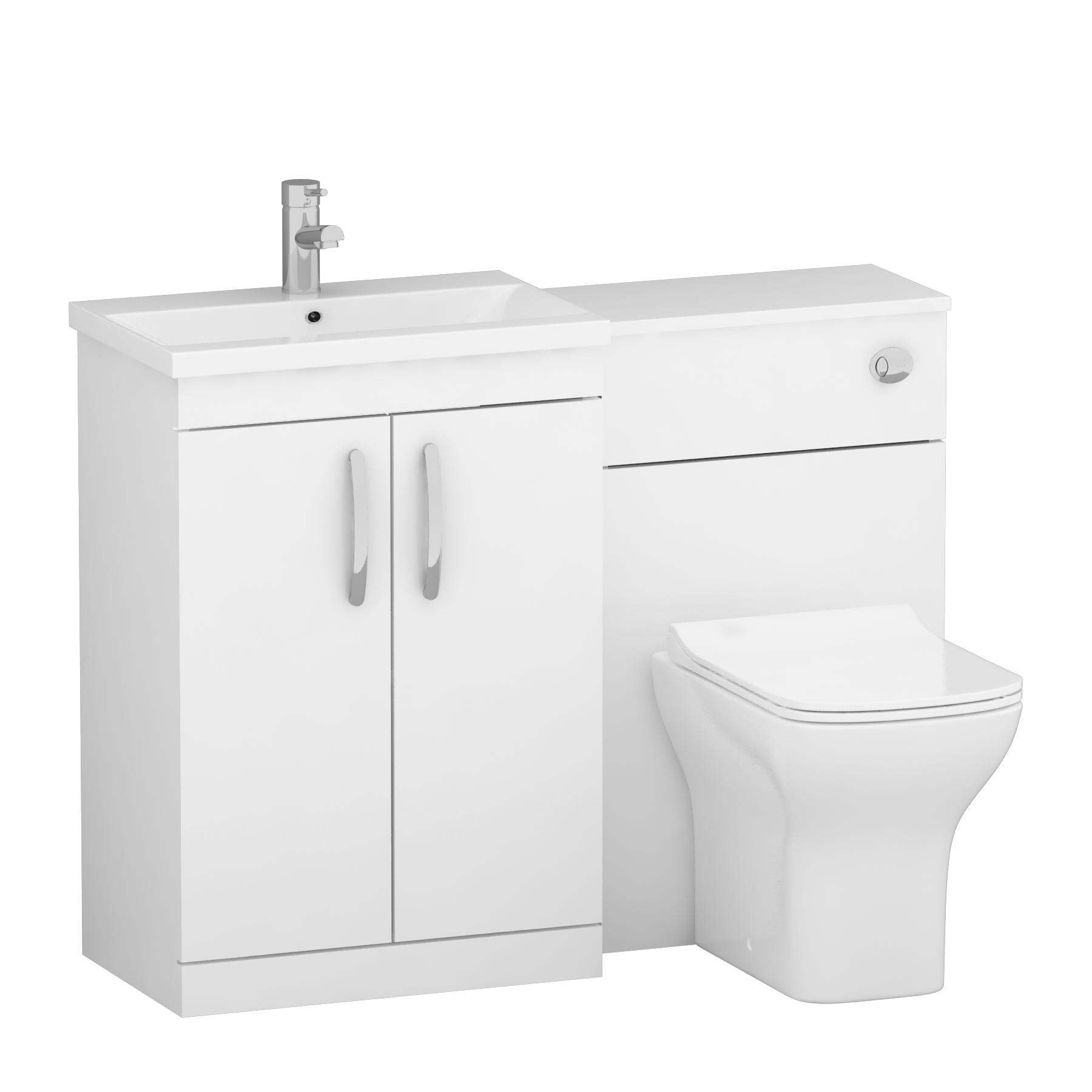 Turin 1300mm Gloss White 2-Doors Mid-Edge Basin with Qubix Back to Wall Toilet Pack