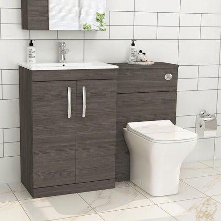 Turin 1100mm Grey Elm 2-Doors Minimalist Basin with Qubix Back to Wall Toilet Pack