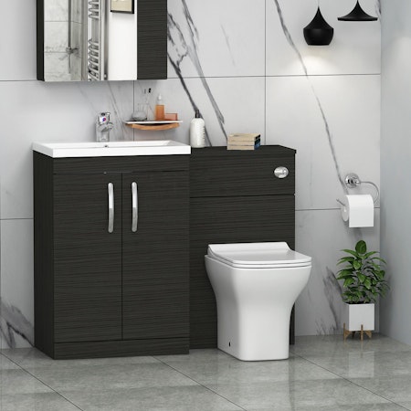 Turin 1100mm Hale Black 2-Doors Mid-Edge Basin with Qubix Back to Wall Toilet Pack