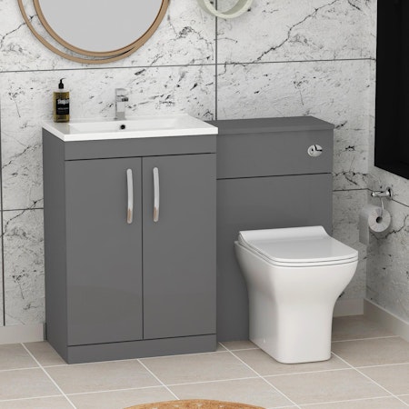 Turin 1100mm Indigo Grey Gloss 2-Doors Minimalist Basin with Qubix Back to Wall Toilet Pack