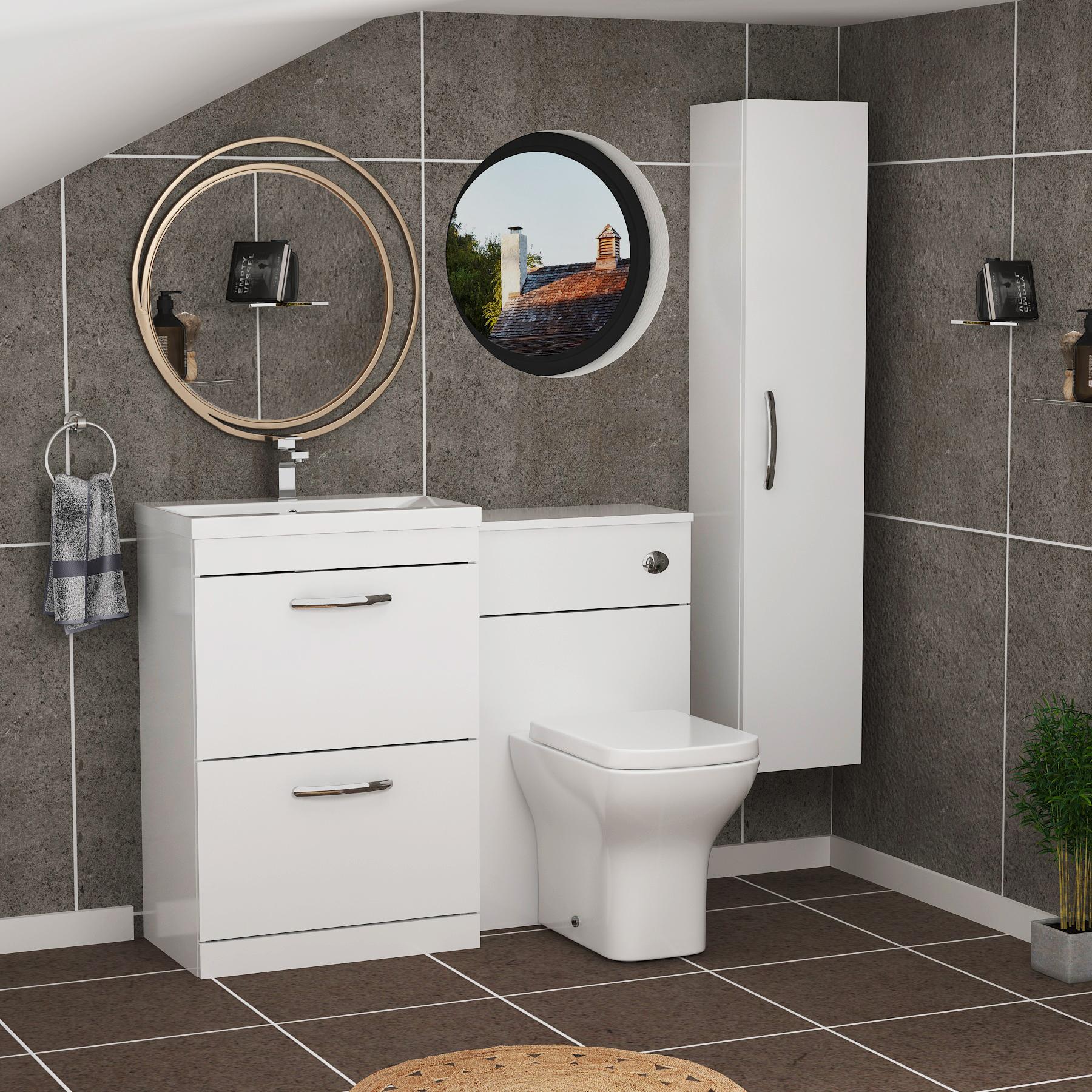 Turin 1100mm Gloss White 2-Drawers Mid-Edge Basin with Qubix Back to Wall Toilet Pack