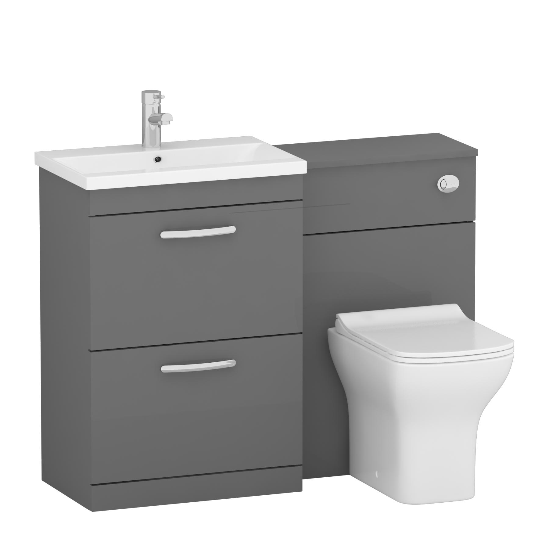 Turin 1100mm Indigo Grey Gloss 2-Drawers Mid-Edge Basin with Qubix Back to Wall Toilet Pack