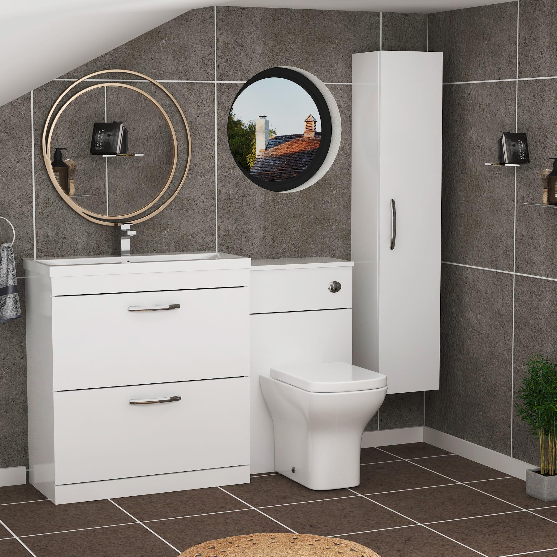 Turin 1300mm Gloss White 2-Drawers Mid-Edge Basin with Qubix Back to Wall Toilet Pack
